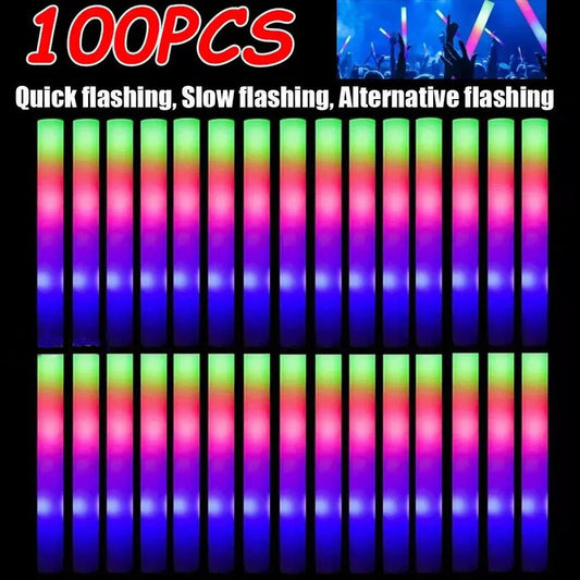 Bulk RGB LED Glow Sticks, 100-Pack Light-Up Foam Cheer Tubes with 3 Flashing Modes and Included Batteries for Weddings, Birthdays and Christmas Parties