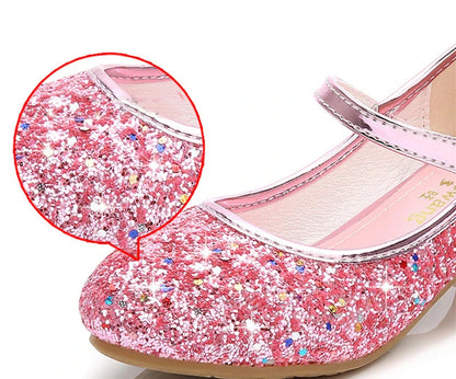 Girls Butterfly Glitter Dress Shoes with Sparkling Wing Accents, Buckled Strap and Block Heel for Princess Parties, Weddings and Special Outfits