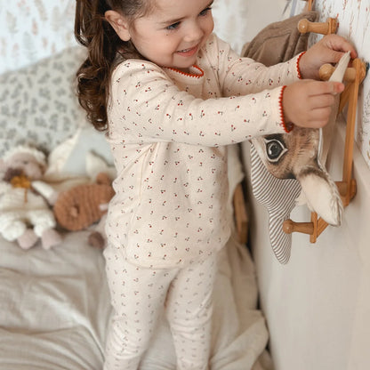 Cherry Print Girls Cotton Pajama Set, Cream Long Sleeve Top and Matching Pants with Red Picot Trim, Two-Piece Toddler Homewear, 1-6T