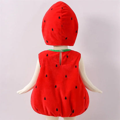 Baby Strawberry Costume with Hat, Red Fruit Romper with Green Leaf Trim for Infant Halloween Dress-Up, Berry-Themed Parties and Photo Sessions