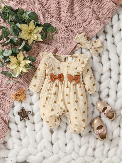 Baby Girl Heart Print Romper with Shoulder Ruffles and Bow Details, Long Sleeve Cotton Jumpsuit with Inner-Leg Snaps, Sizes 0-6 Months