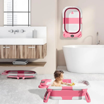 Travel Baby Bathtub with Thermometer and Soft Floating Cushion, Collapsible PP and TPE Bath Tub with Drain Plug for Supervised Infant and Toddler Bathing