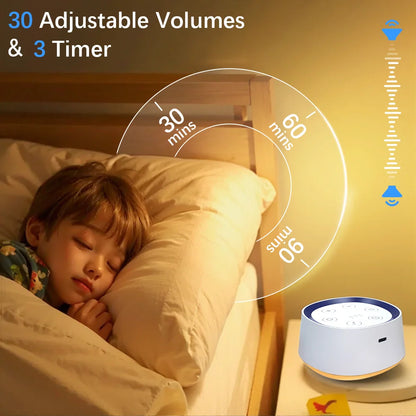 24-Sound White Noise Machine with Warm Breathing Night Light, 30/60/90-Minute Auto-Off Timer and USB Rechargeable Design for Nursery and Travel