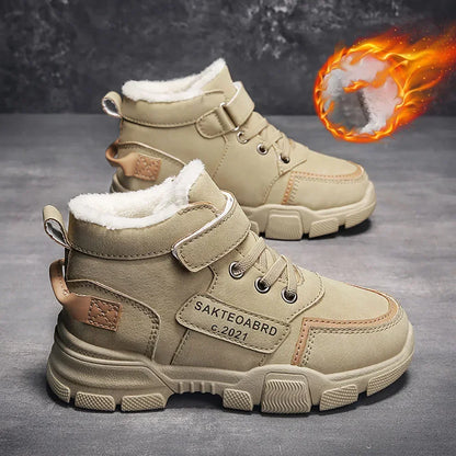 Kids Plush-Lined Winter Boots with Hook-and-Loop Ankle Strap and Lace-Up Front, Gray or Khaki High-Top Casual Shoes with Chunky Sole in Sizes 26–37