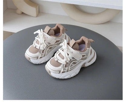 Children Mesh Sports Sneakers with Layered Panels, Lace and Strap Styling for Boys and Girls, Casual Spring and Fall Shoes in Red, Khaki or Black