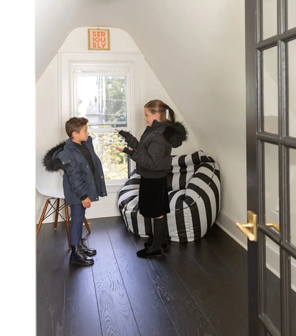Kids Down Winter Coats with Fur-Trimmed Hoods, Black or Navy Short Bomber and Long Parka Styles for Boys and Girls, Child and Teen Size Options