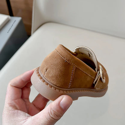 Girls Buckle Loafers with Rounded Toe and Stitched Detail, Brown or Khaki Casual Flats for School Outfits, Spring and Fall Days
