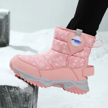 Snowflake Print Kids Winter Boots with Padded Shafts, Pull Tabs and Chunky Tread Soles, Pink Snow-Style Footwear for Boys and Girls