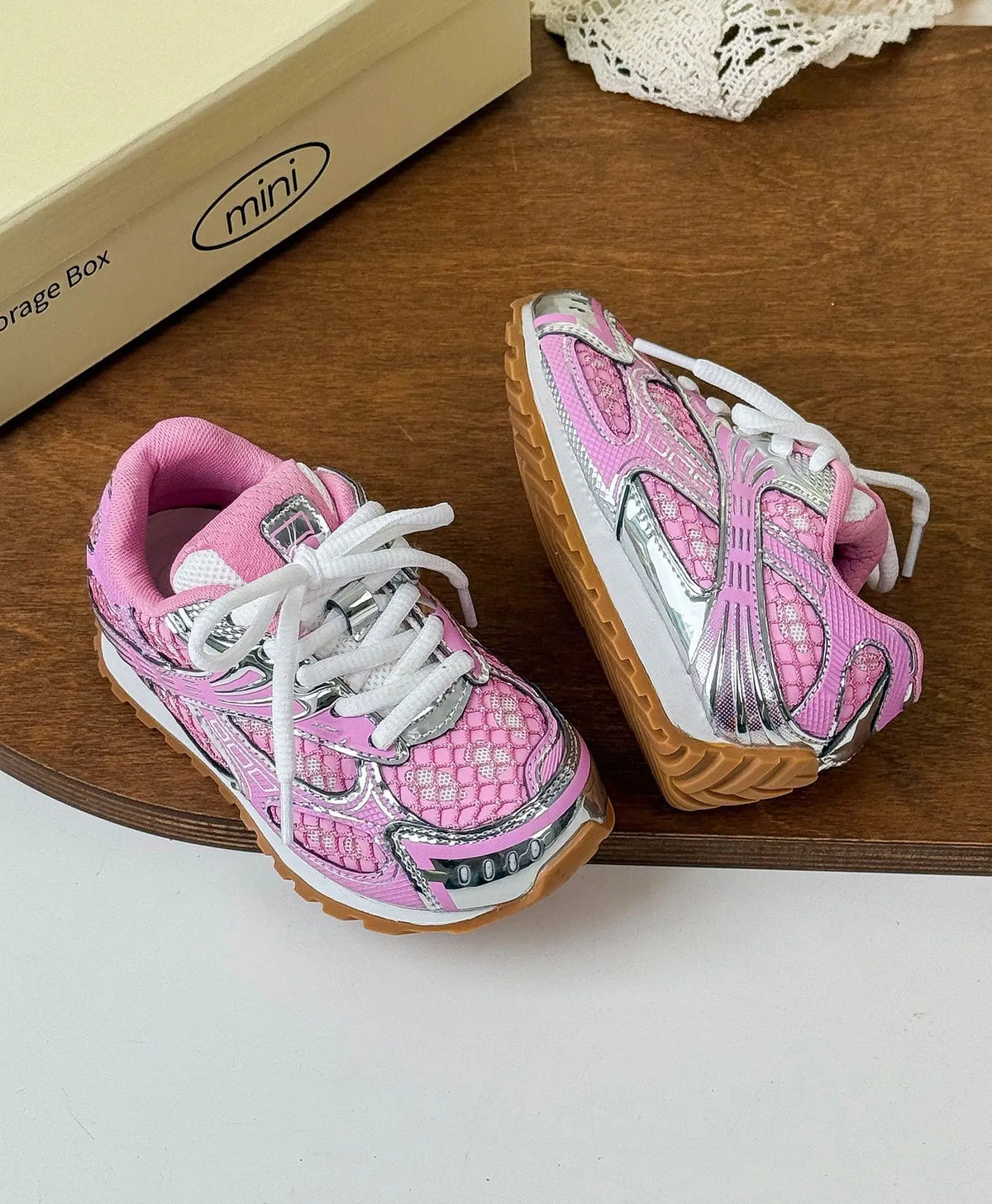 Kids Mesh Sneakers with Metallic Orbit Styling, Lace-Up Casual Walking Shoes in Pink or Silver with Rubber Soles for Everyday Outfits
