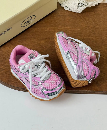 Kids Mesh Sneakers with Metallic Orbit Styling, Lace-Up Casual Walking Shoes in Pink or Silver with Rubber Soles for Everyday Outfits