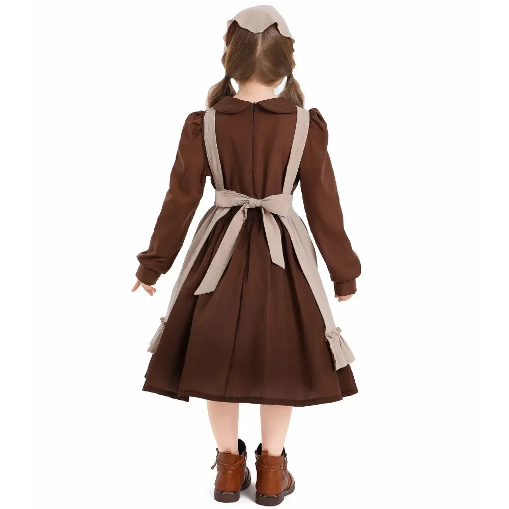 Girls Pioneer Prairie Costume Dress with Apron and Bonnet Options for Colonial School Plays, Historical Dress-Up and Halloween Events