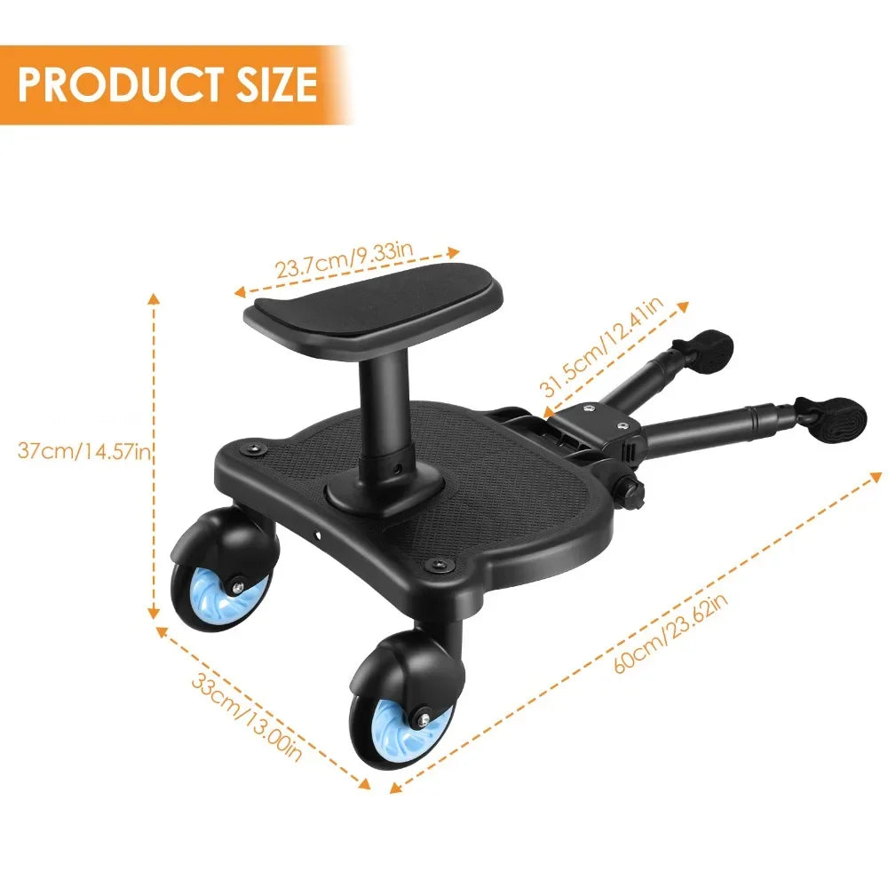 Second Child Stroller Board with Removable Seat, Sit-and-Stand Ride Along Platform in Black, Blue or Pink with Single or Double Wheel Options