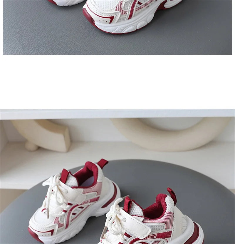 Children Mesh Sports Sneakers with Layered Panels, Lace and Strap Styling for Boys and Girls, Casual Spring and Fall Shoes in Red, Khaki or Black