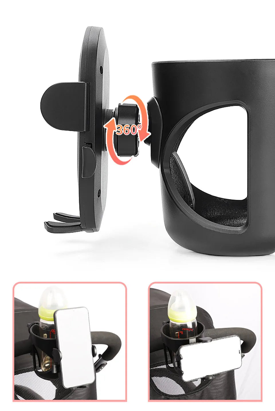 Stroller Bottle and Cup Holder with Clamp Mount and Optional Phone Slot, Single-Cup or Combination Storage Accessory for Walks and Family Outings