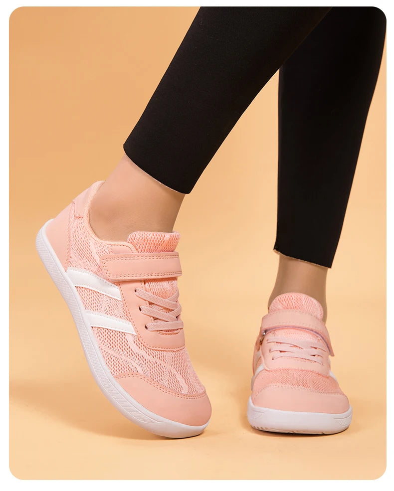 Kids Wide-Toe Mesh Sneakers with Adjustable Hook-and-Loop Strap, Contrast Side Stripes and Low-Top Casual Style in Pink, Black or Blue
