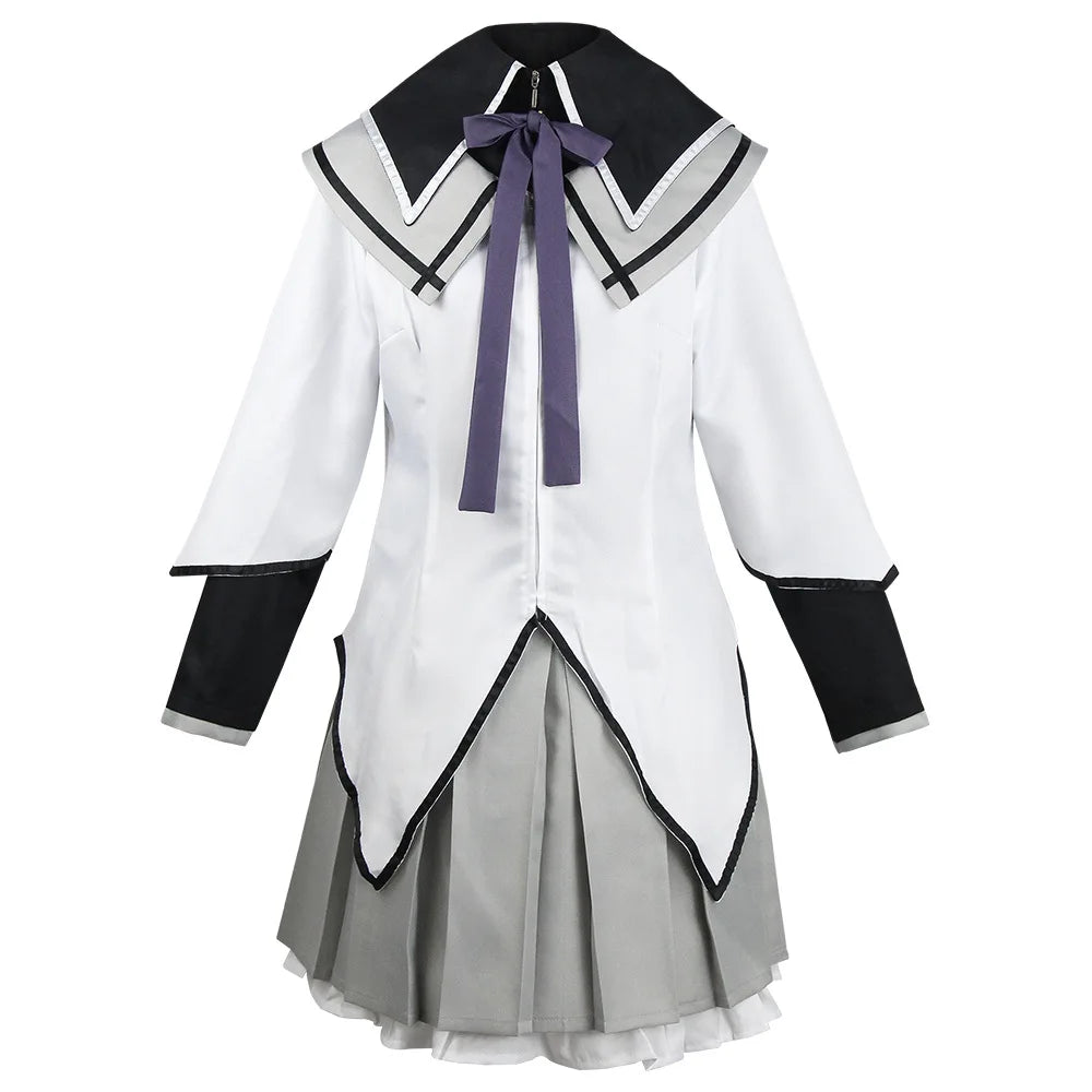 Akemi Homura Cosplay Uniform with White Coat, Gray Skirt, Purple Bows and Stockings, Anime Character Outfit for Halloween and Convention Events
