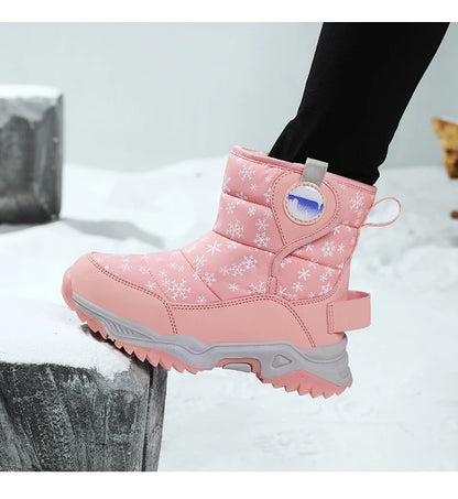 Snowflake Print Kids Winter Boots with Padded Shafts, Pull Tabs and Chunky Tread Soles, Pink Snow-Style Footwear for Boys and Girls