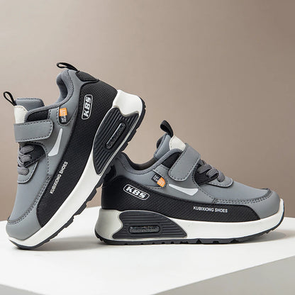 Color-Block Kids Running Shoes with PU Leather Upper, Soft Rubber Sole and Strap Closure for Boys and Girls, School Days and Outdoor Play