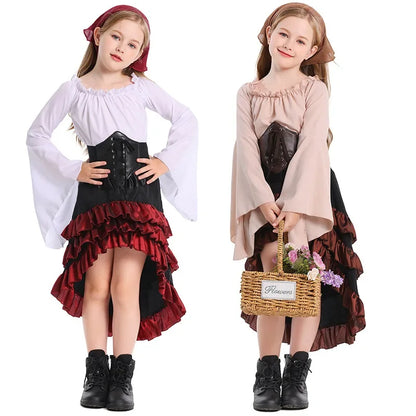 Girls Pirate Costume Set with Bell Sleeve Blouse, High-Low Skirt, Head Scarf and Lace-Up Waistband for Halloween and Dress-Up Parties