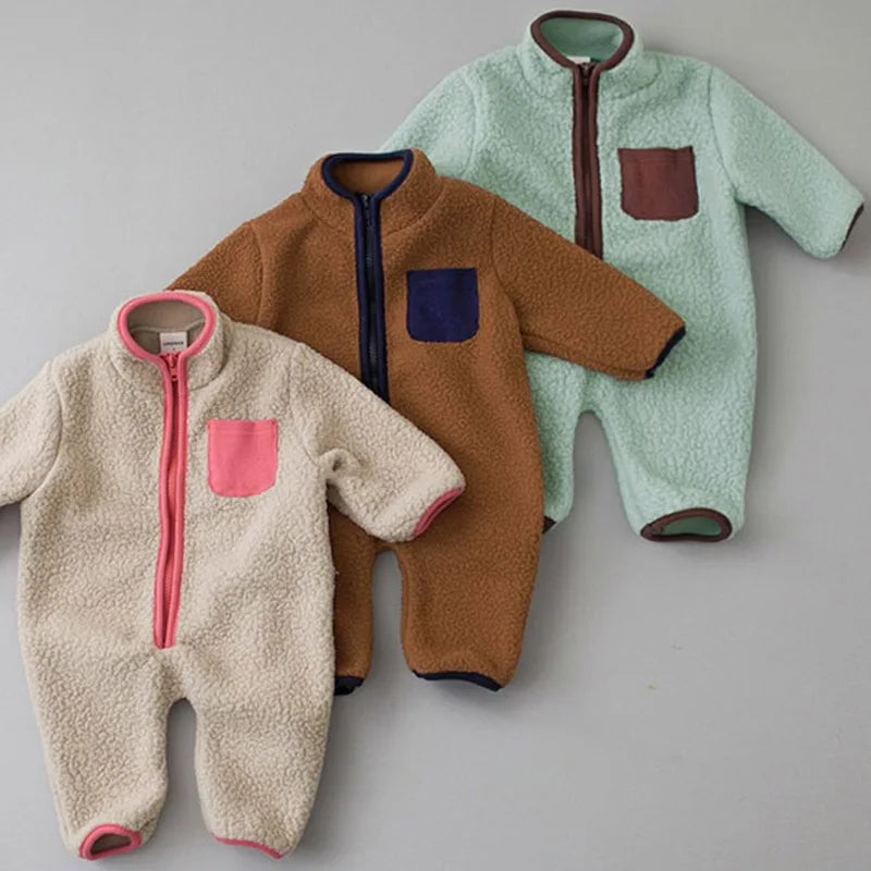 Zip Front Baby Fleece Romper by MILANCEL with Contrast Chest Pocket, Long Sleeve Footless One-Piece Outerwear in Brown, Beige and Green, 3-24M