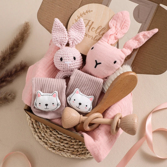 Rabbit Baby Gift Set with Double-Sided Cotton Blanket, Crochet Rattle, Wooden Teether and Brush in White, Grey or Pink for Baby Showers