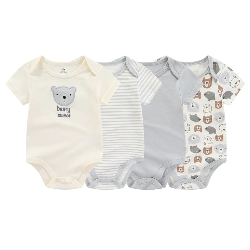 Baby Bodysuit 4-Pack by Kiddiezoom, 100% Cotton Short Sleeve Infant Basics with Envelope Shoulders and Mixed Prints for Boys and Girls, 3M-12M