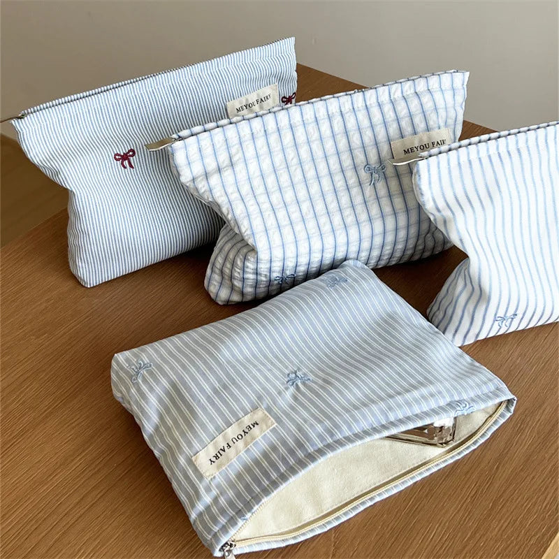 Baby Essentials Pouch with Striped Bow Embroidery and Zipper Closure, Small or Large Diaper Bag Organizer for Toiletries, Makeup and Travel