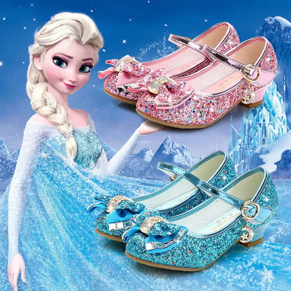 Bow-Accent Glitter Mary Jane Shoes for Girls with Buckled Strap and Block Heel, Sparkling Princess Dress Shoes for Parties and Weddings