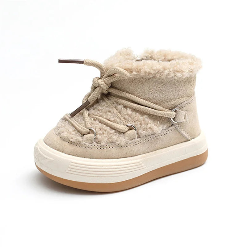 Toddler Plush Panel Lace-Up Boots with Rubber Soles and Cozy Cuffs, Beige, Black or Pink Winter Ankle Shoes for Boys and Girls, 12-15.5 cm Insoles
