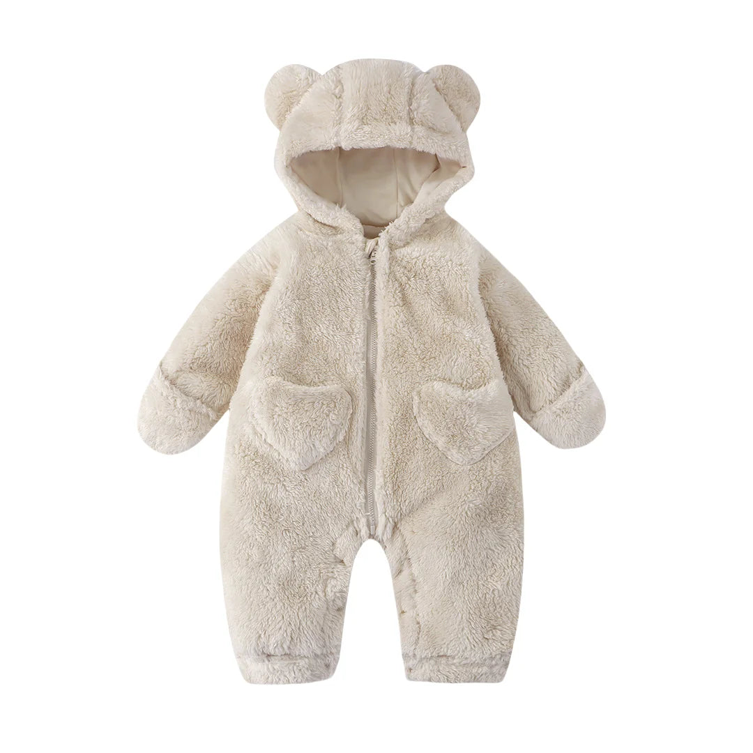 Bear Ear Baby Romper with Plush Texture and Heart Pockets, Hooded Zip Front One-Piece Outfit for Boys and Girls in Four Colors, 0-12 Months
