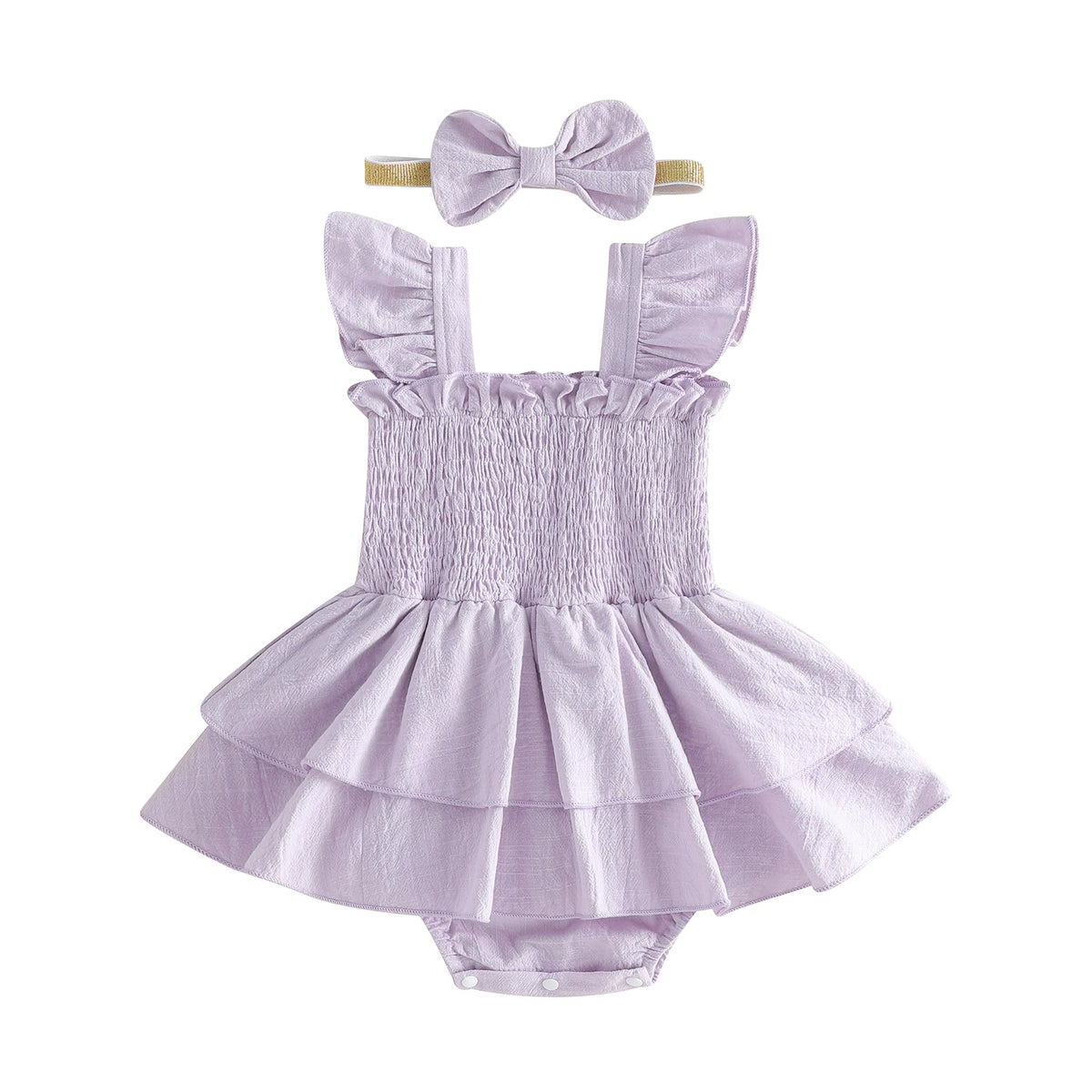 Tiered Baby Girl Romper Dress with Bow Headband, Smocked Cotton Blend Bodice and Flutter Straps, Solid Color Summer Outfit for 0-18 Months