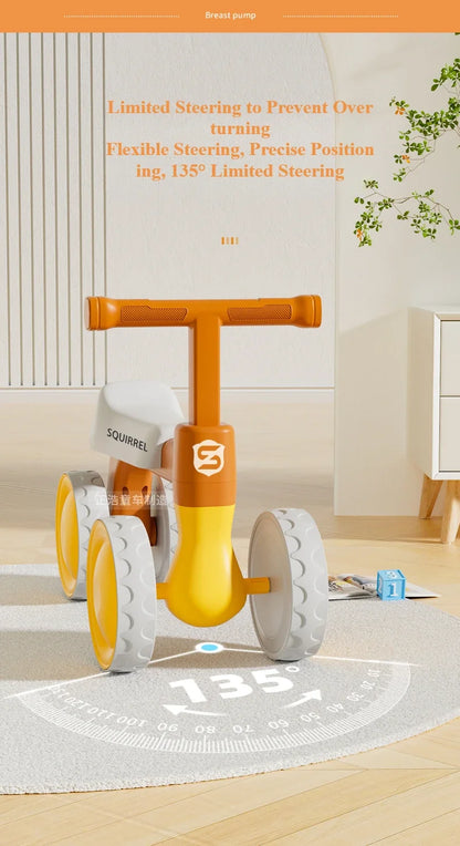Toddler Four-Wheel Ride-On Bike in Green or Orange with Pedal-Free Design, Straight Handlebars and Shaped Seat for Supervised Play