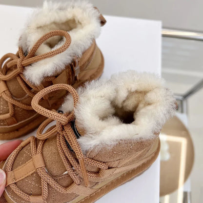 Plush-Lined Toddler Ankle Boots with Lace-Up Front and Side Zipper, Camel or Black Winter Shoes for Boys and Girls, Sizes 18-30
