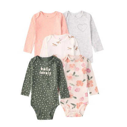 Baby Long Sleeve Bodysuits 5-Pack in Cotton, Everyday One-Piece Clothing Set for Infant Boys and Girls in 6 to 24 Month Sizes