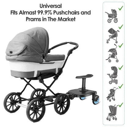 Stroller Ride-On Board with Detachable Seat, Sit or Stand Platform for a Second Child Ages 3-7, Single or Double Wheel Color Options