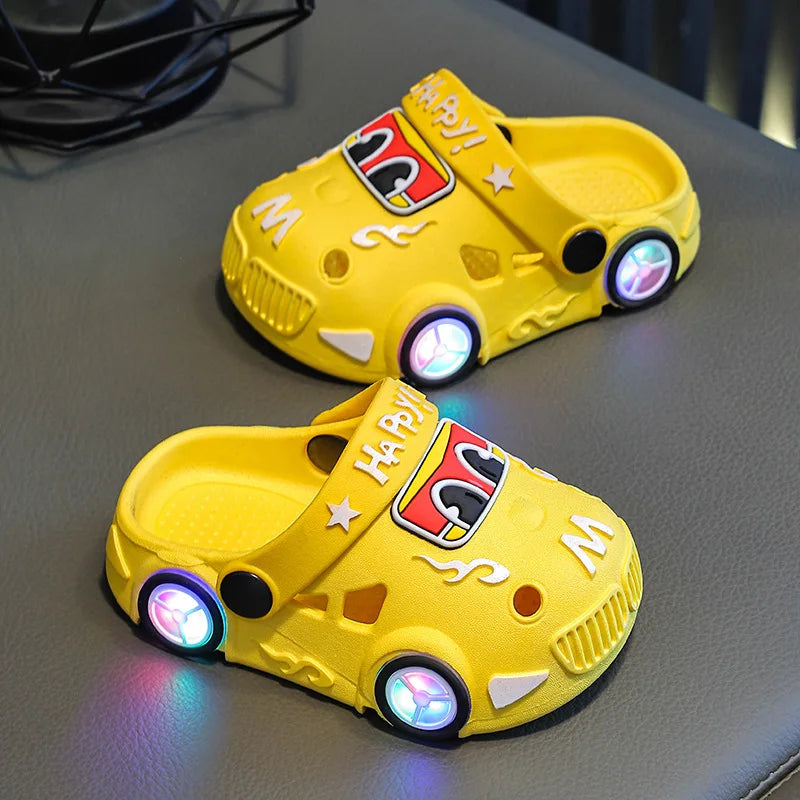 Kids Light-Up Car Clogs with Glowing Wheel Details, Ventilated Closed-Toe Design and Pivoting Heel Strap for Playful Summer Casual Outfits