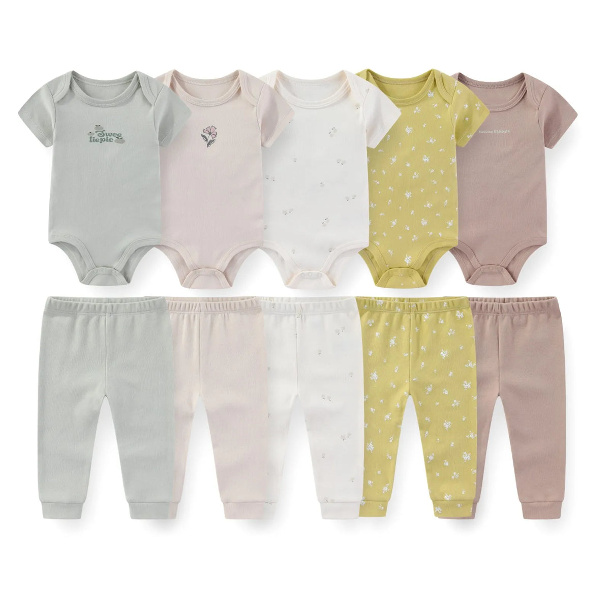 Baby Bodysuit and Pants Set, 10-Piece Kiddiezoom Infant Clothing Bundle with Short-Sleeve Tops for Boys and Girls, Sizes 3M-12M