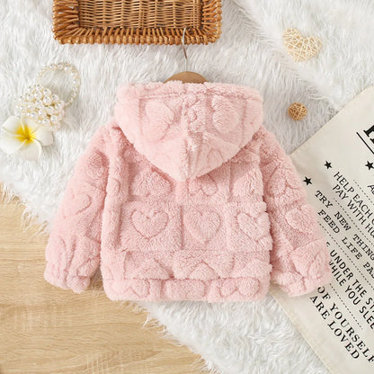 Baby Girl Fleece Zip-Up Jacket with Hood, Pink Heart or Bear Style Toddler Outerwear for Spring and Fall, Sizes 6-9M through 2-3Y