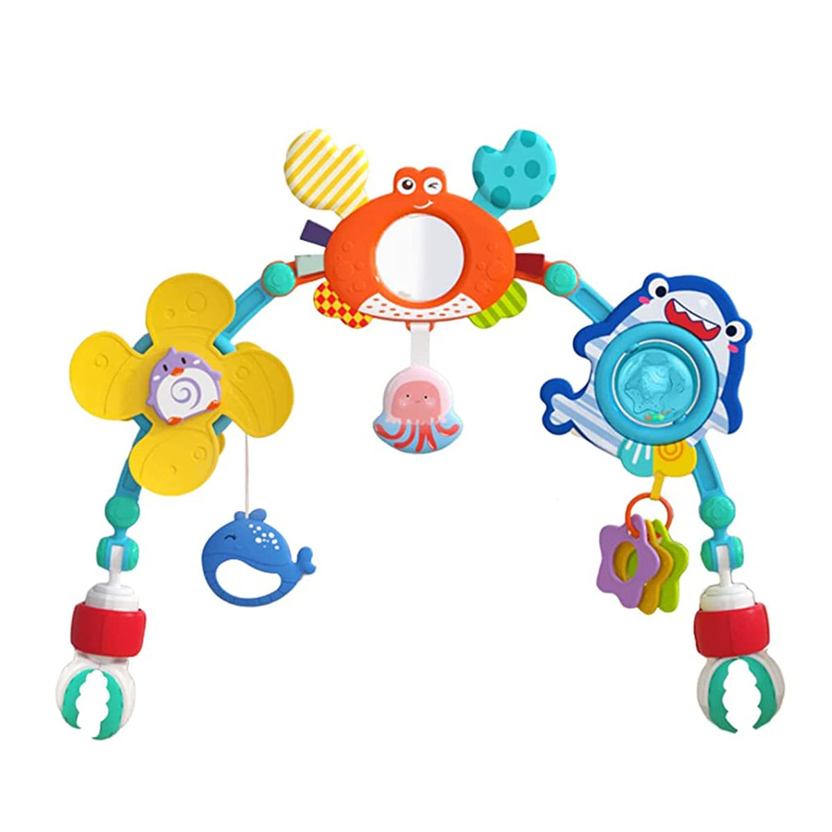 Adjustable Baby Activity Arch with Clamp-On Animal Toys, Colorful Stroller Play Bar for Supervised Sensory Exploration and Baby Shower Gifts