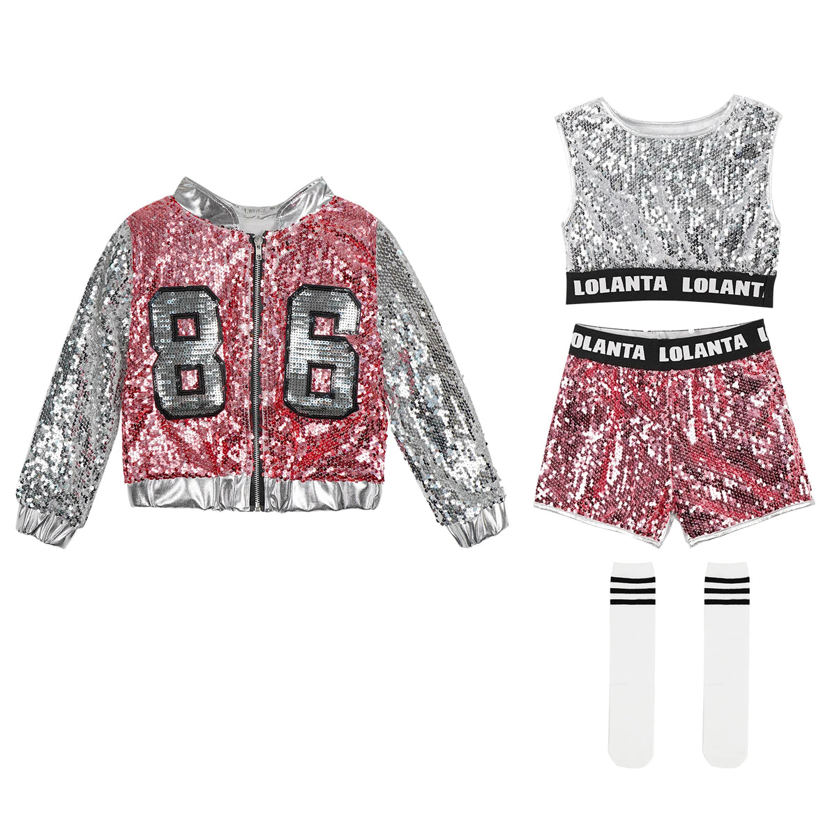 Girls Sequin Hip Hop Dance Costume Set with Metallic Trim Jacket, Crop Top, Shorts and Striped Socks for Jazz Recitals and Stage Performances