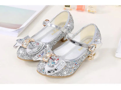 Bow-Accent Glitter Mary Jane Shoes for Girls with Buckled Strap and Block Heel, Sparkling Princess Dress Shoes for Parties and Weddings