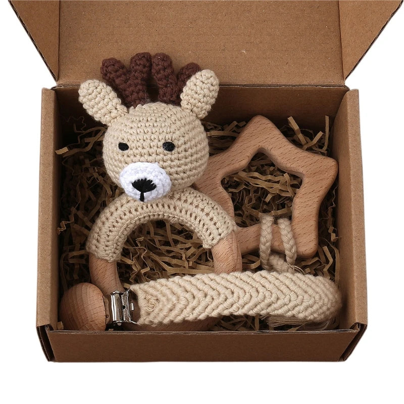 Crochet Animal Rattle Set with Wooden Ring and Coordinating Accessories, Rabbit, Deer and More Designs for Supervised Play and Baby Shower Gifts
