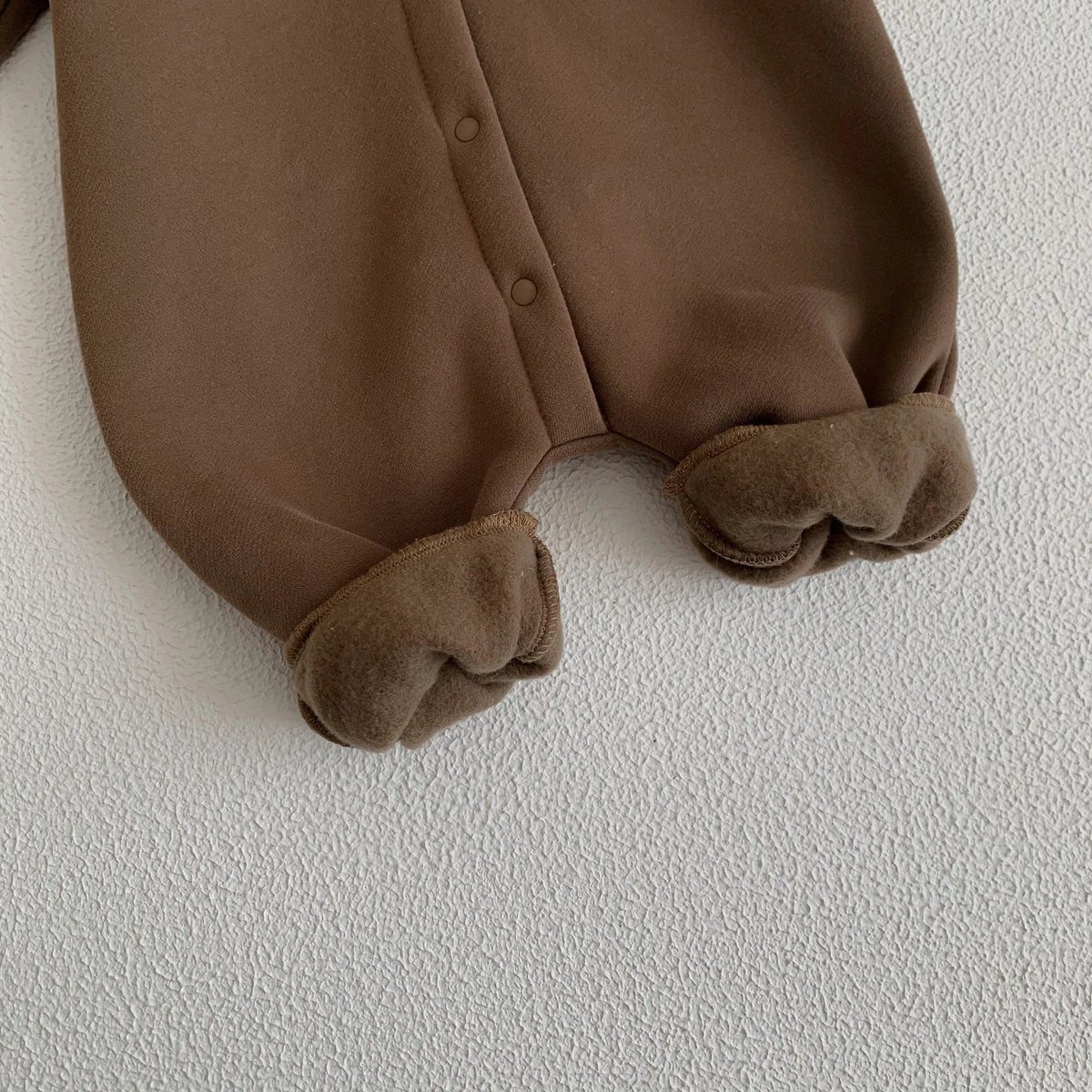 Baby Hooded Snap Front Jumpsuit with Bear Patch, Long Sleeve One-Piece Outfit in Coffee or Beige for Boys and Girls, Sizes 3M-18M