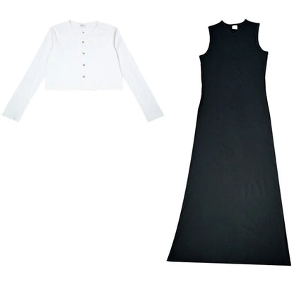 Women's Sleeveless Maxi Dress and Button-Front Cardigan Options, Black and Cream Layering Outfit for Everyday Wear, Ladies XS-3XL