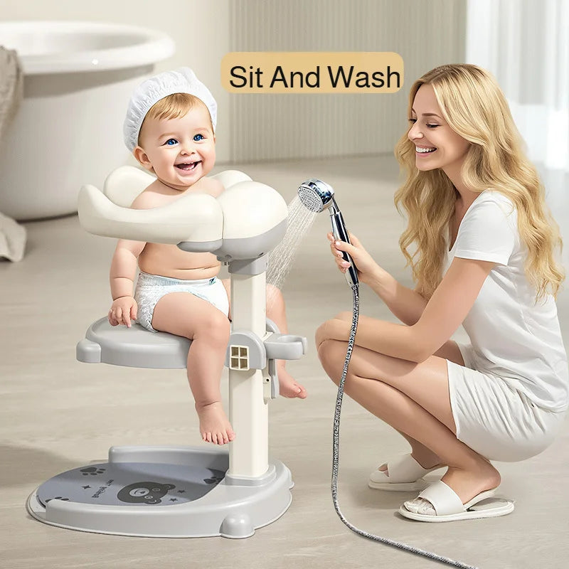 Adjustable Kids Shower Stand with Wraparound Support, Textured Base and Showerhead Holder, Gray or Brown Options for Adult-Supervised Bathing