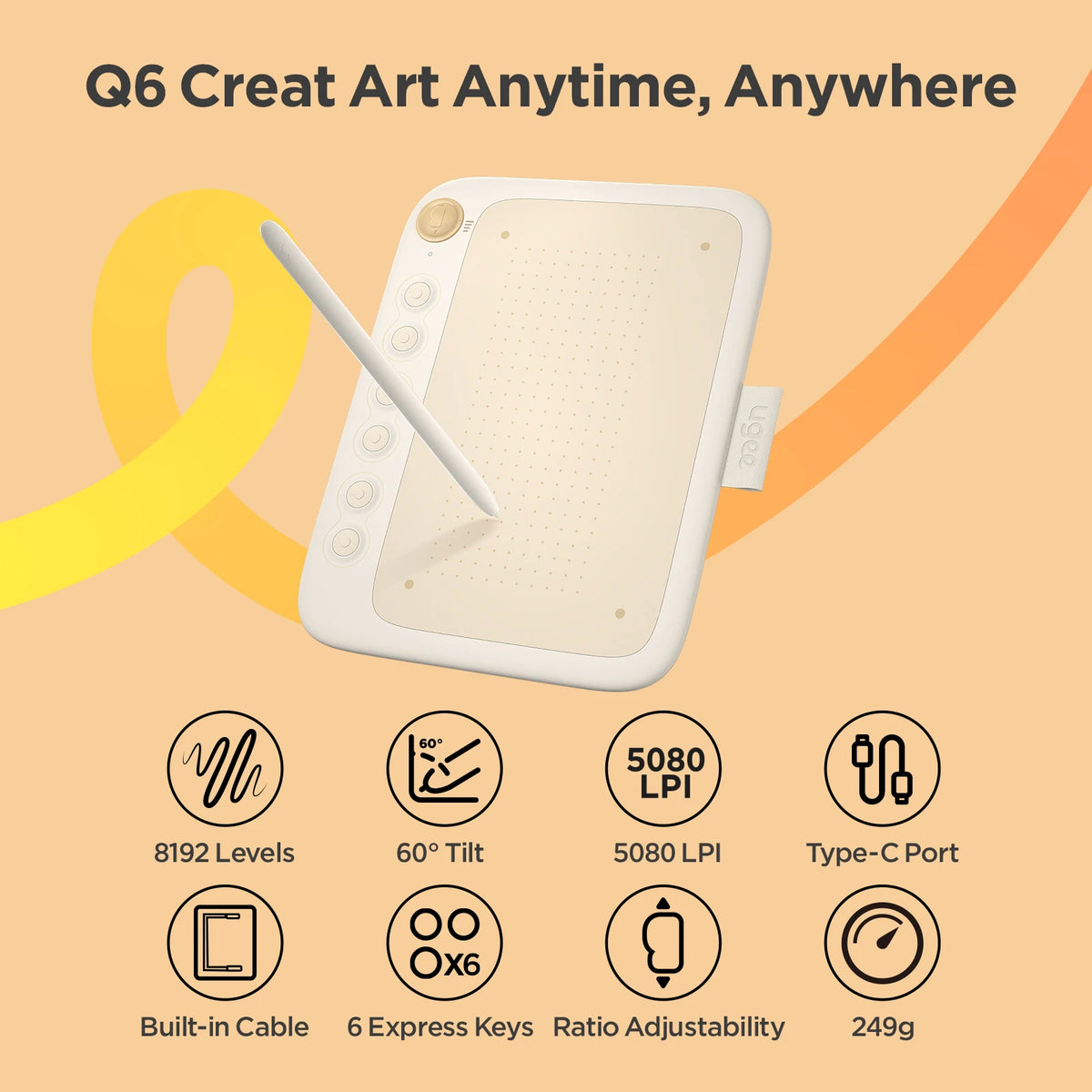 Compact Graphics Tablet UGEE Q6, 6-Inch Drawing Pad with Battery-Free Stylus, 8192 Pressure Levels, 60 Degree Tilt and 6 Shortcut Keys
