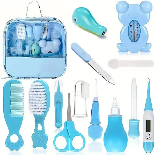 Pink Baby Care Kit, 13-Piece Grooming Set with Hair Brush, Comb, Nail Clippers, Nasal Aspirator and Zippered Carry Bag for Home and Travel