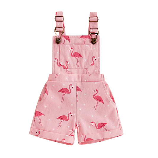 Girls Flamingo Denim Short Overalls in Pink with Adjustable Straps, Bib Pocket and Rolled Hems for Summer Outings, Birthdays and Photos