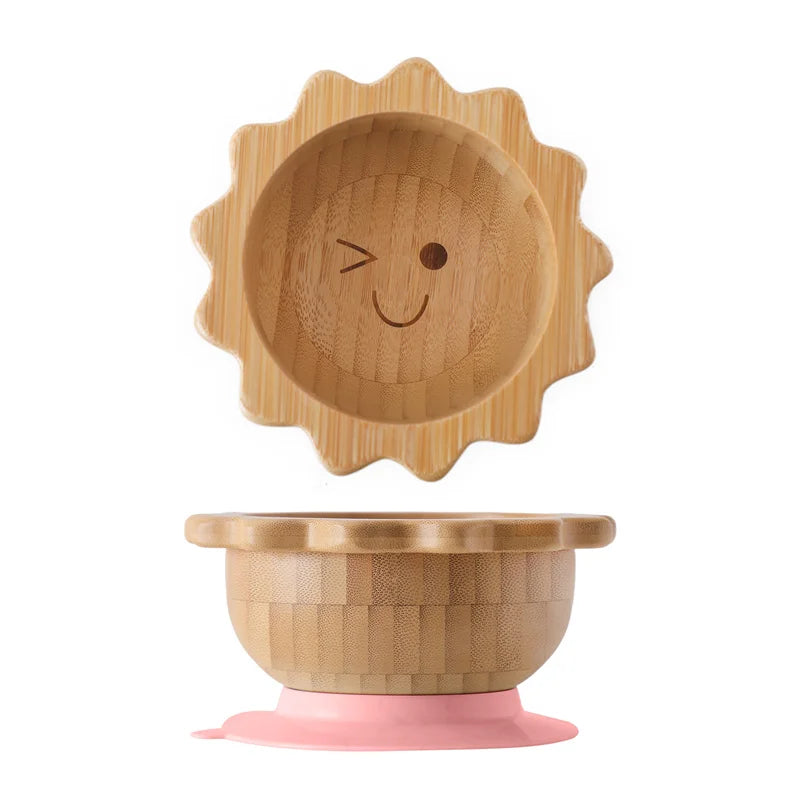 Bamboo Baby Suction Bowl and Tableware Options, Sun, Cloud and Dinosaur Designs with Single-Piece or 3-Piece Wooden-Handle Utensil Sets