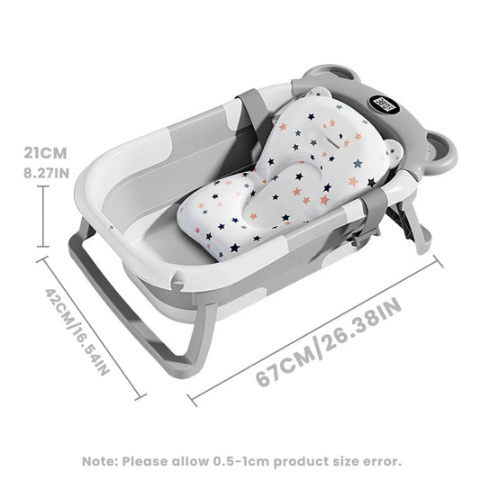 Collapsible Baby Bath Tub with Temperature Display and Soft Floating Cushion, PP and TPE Folding Bathtub with Drain Plug for Home and Travel